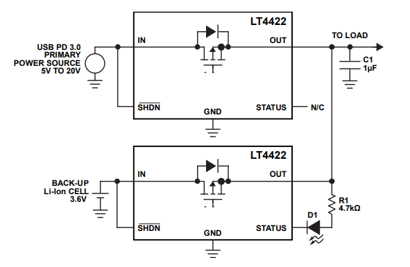应用电路图 - Analog Devices Inc. LT4422理想二极管